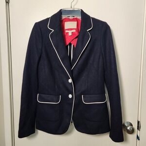 Banana Republic Navy Blue Knit Blazer Sz 6 White Crested Buttons Trim Red Liner